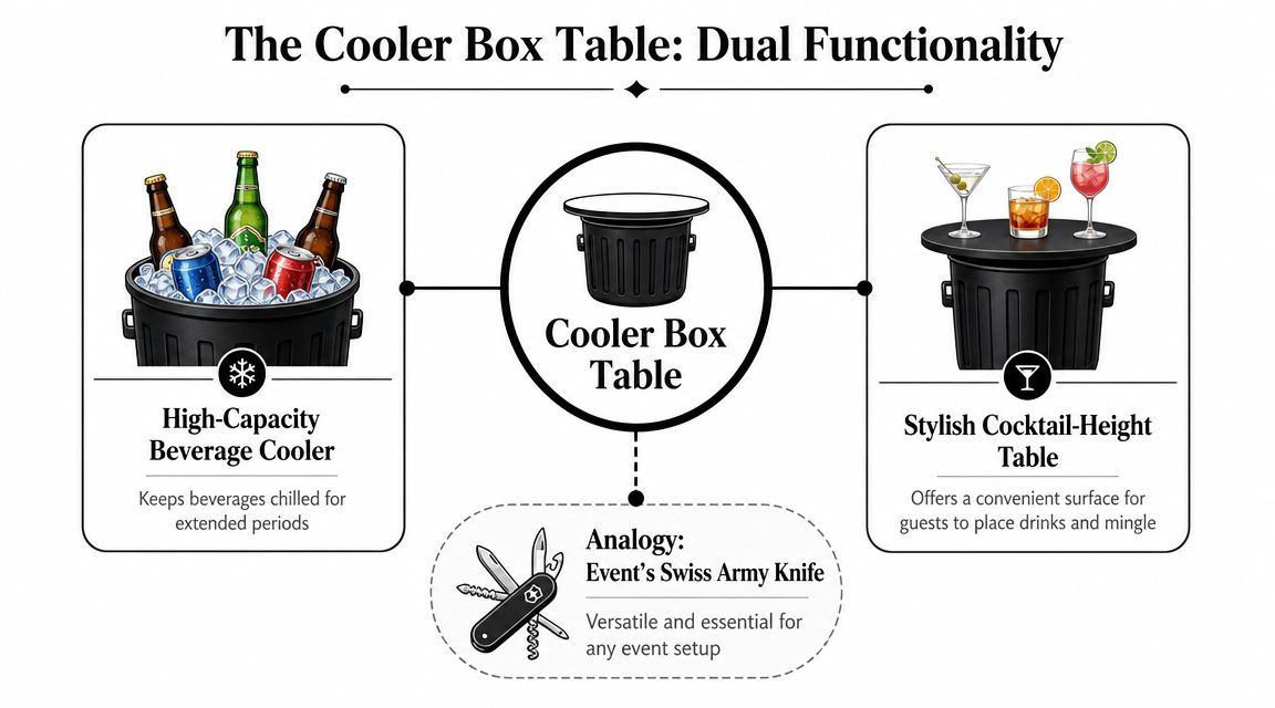 A diagram illustrating a dual-purpose cooler box that transforms into a stylish cocktail table for events.