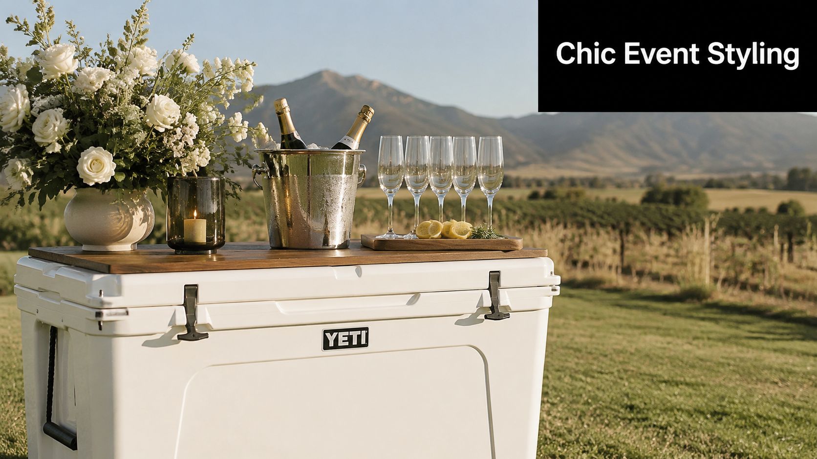 A YETI cooler repurposed as a stylish table with a champagne bucket, flowers, and glasses in a vineyard.