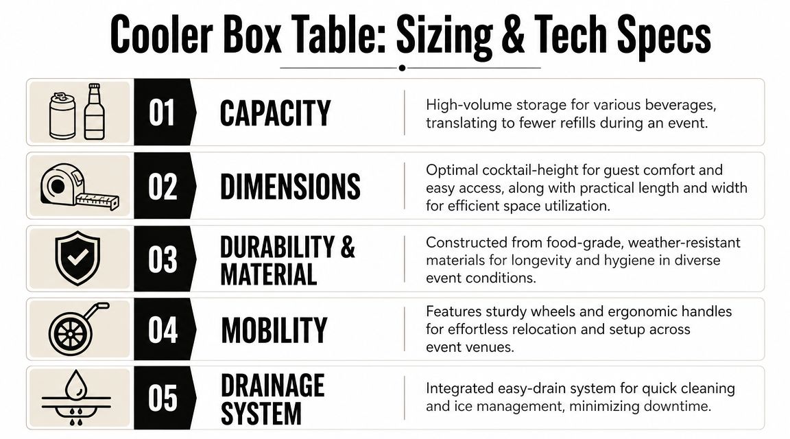 A descriptive infographic showing five key technical specifications and features for a multifunctional cooler box table.