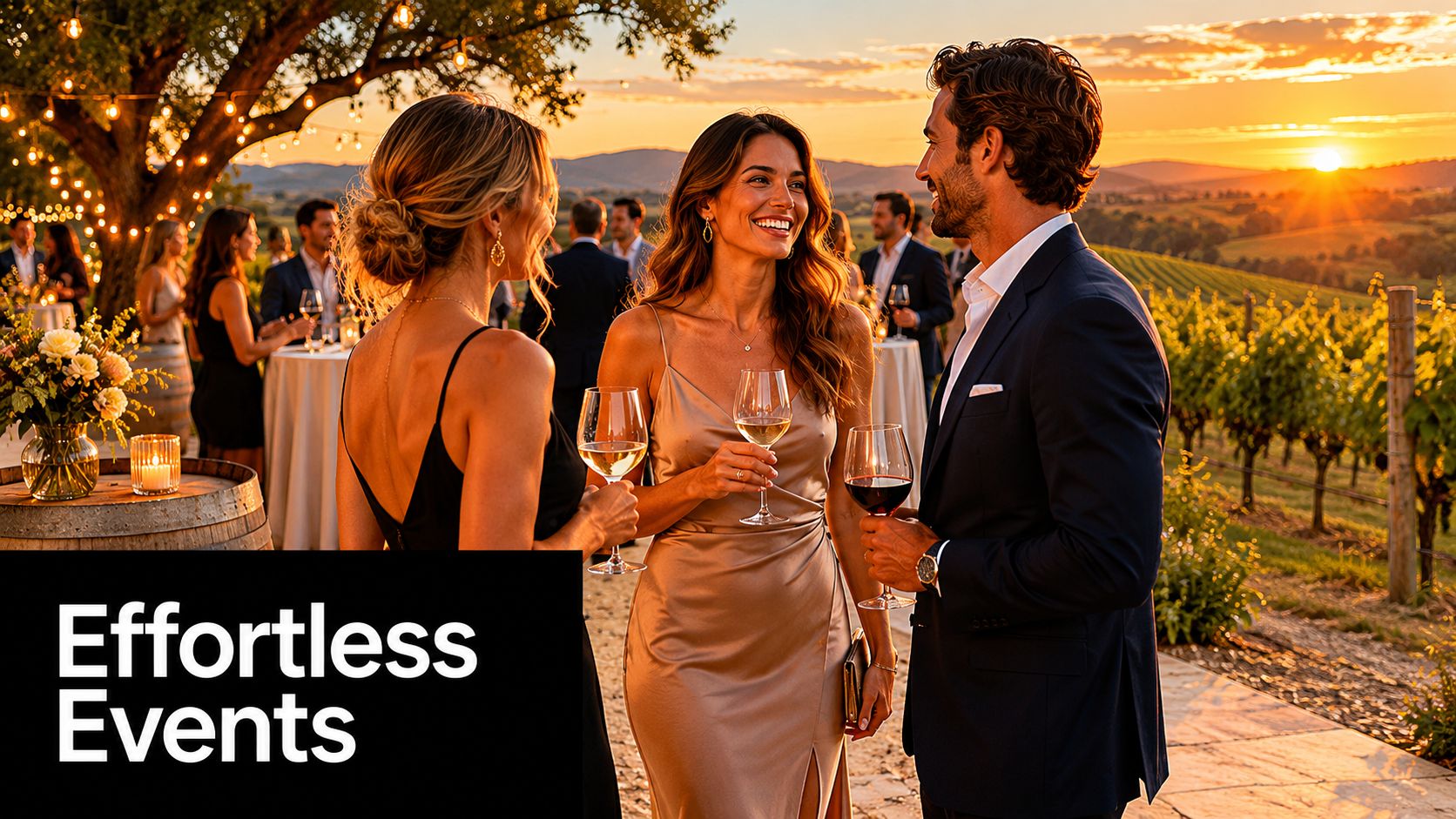 A sophisticated group of people socializing with wine at an elegant vineyard sunset event.
