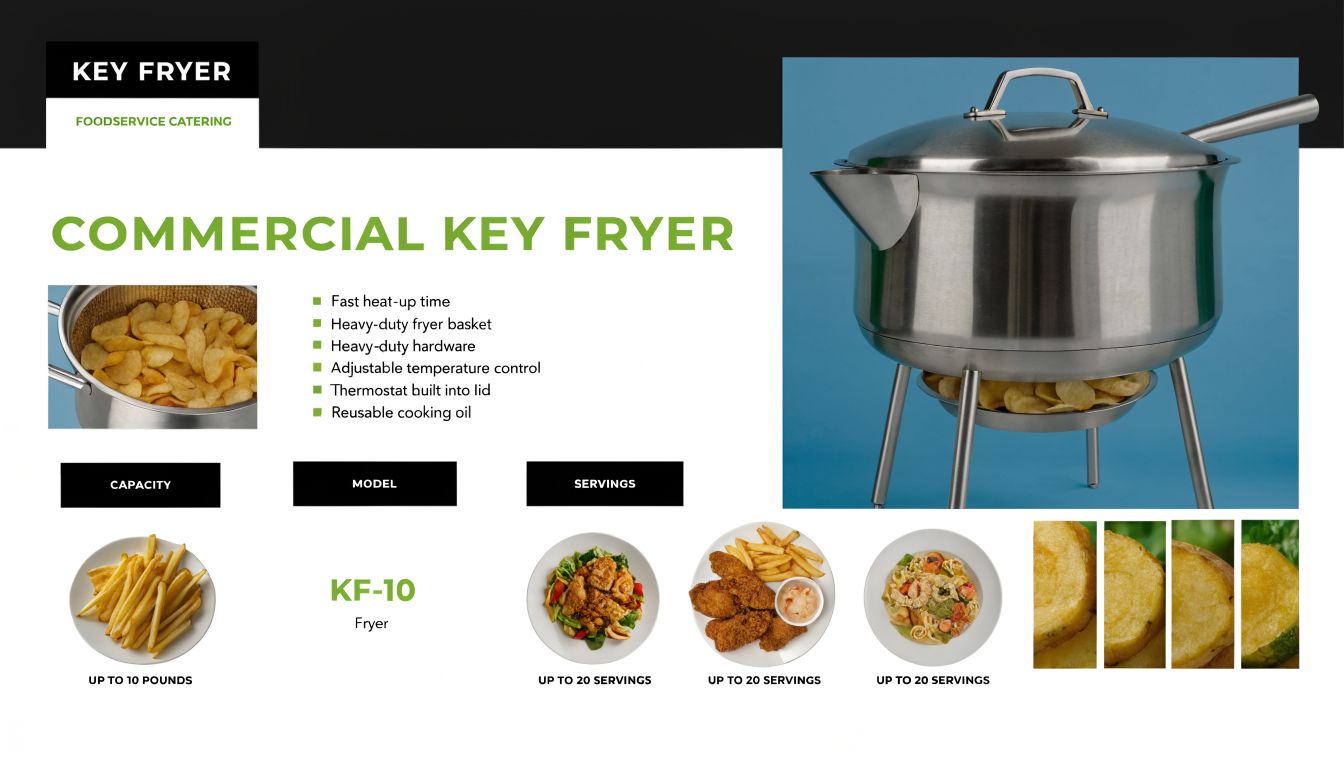A commercial stainless steel Key Fryer for foodservice catering displayed with images of fried foods.