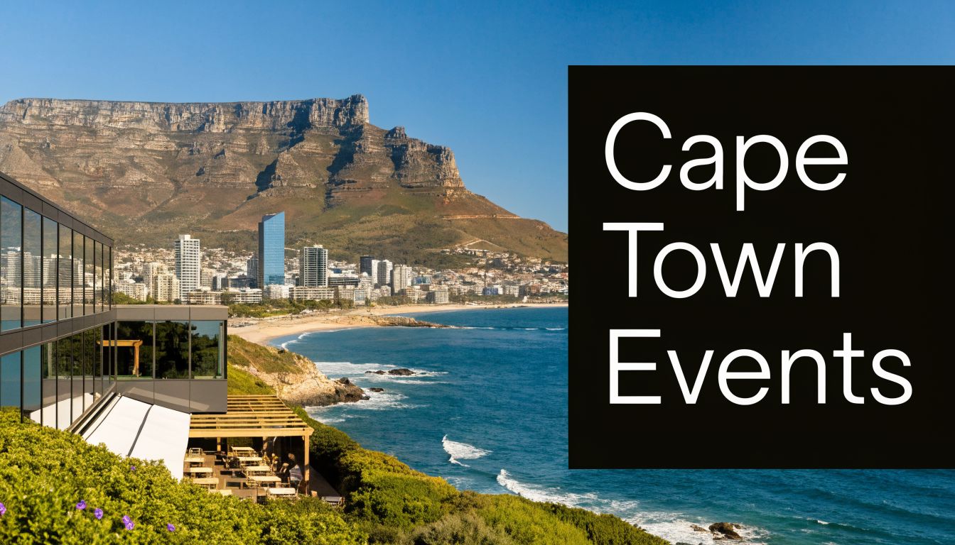 A scenic view of Table Mountain and the coastline with a modern event venue in Cape Town.