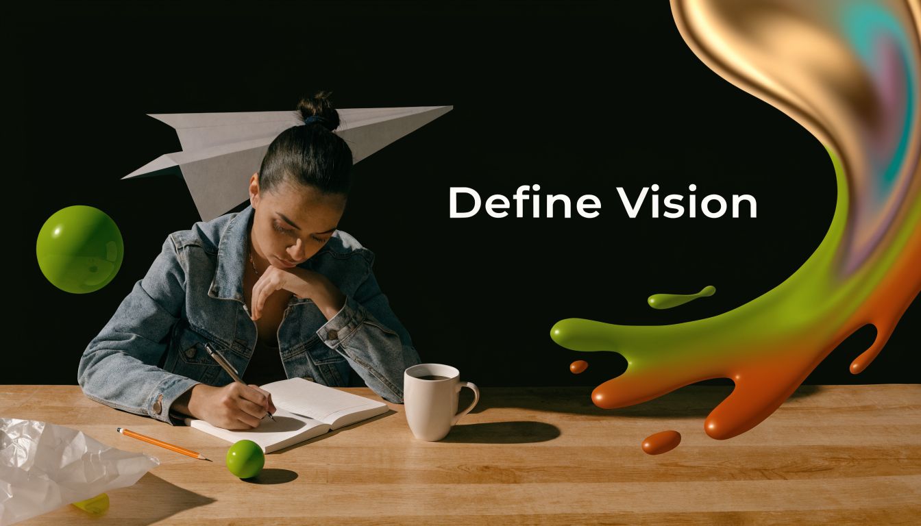 A creative professional writing in a notebook at a desk with abstract colorful liquid art elements.