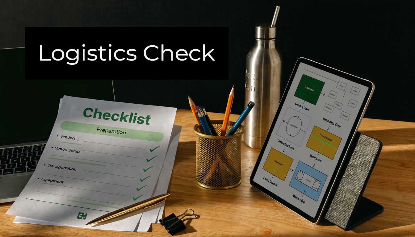 A professional desk setup featuring a checklist document and a digital tablet displaying logistics event planning diagrams.