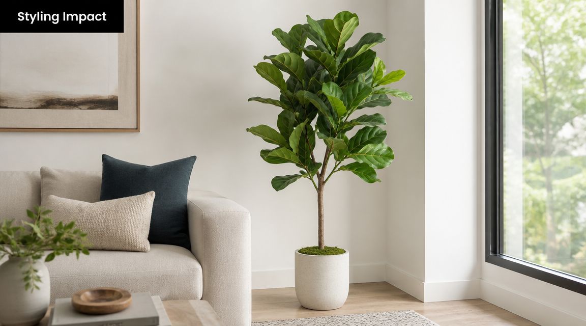 A tall artificial fiddle leaf fig tree standing in a white pot next to a cream sofa.