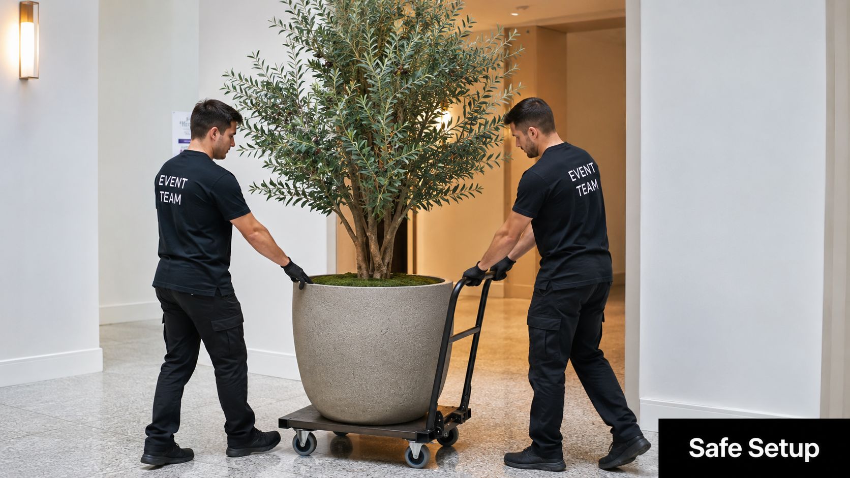 Two event team members in black uniforms moving a large fake potted tree on a flat dolly.