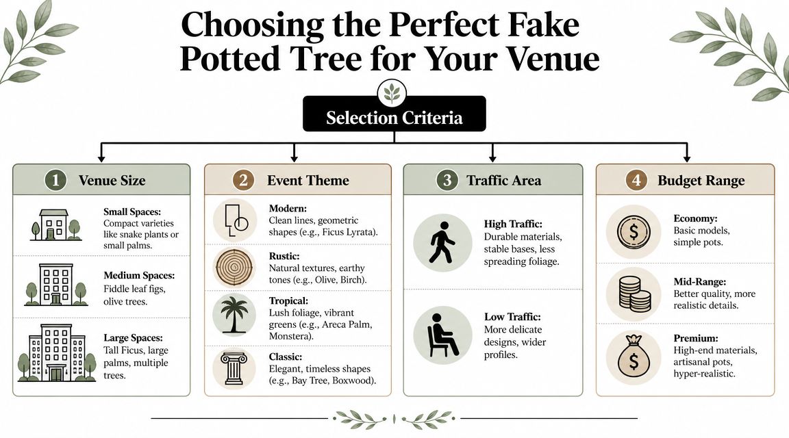 A helpful infographic showing four selection criteria for choosing the perfect fake potted tree for any venue.