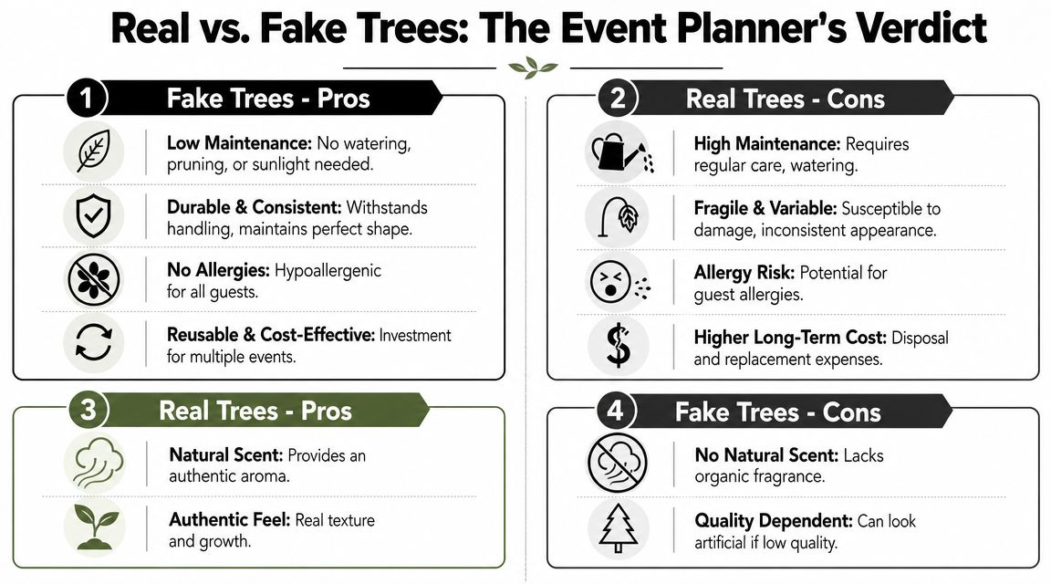 An infographic comparing pros and cons of using real versus fake trees for event planning decor.
