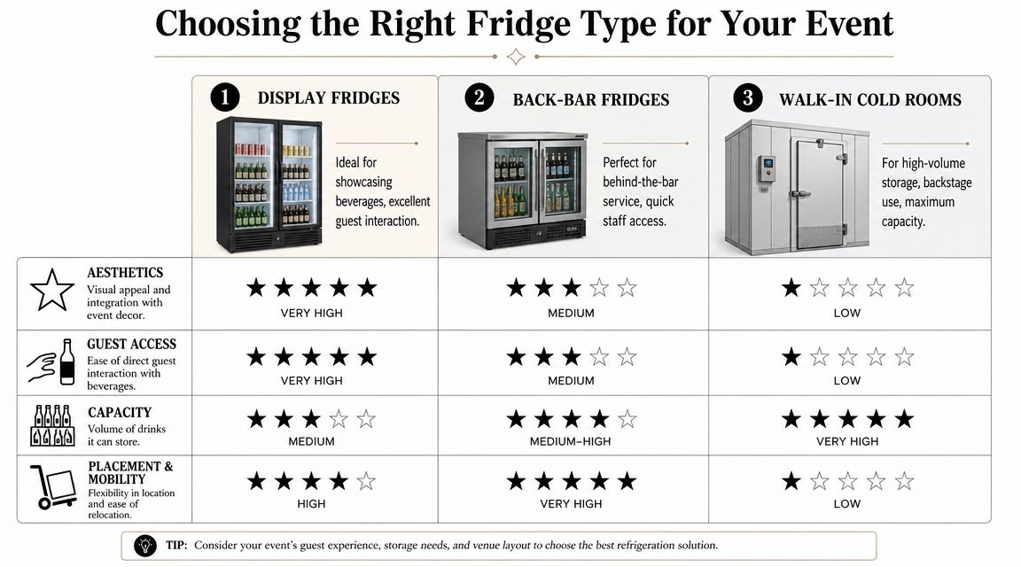 A comparison chart showing three types of event fridges: display, back-bar, and walk-in cold rooms.