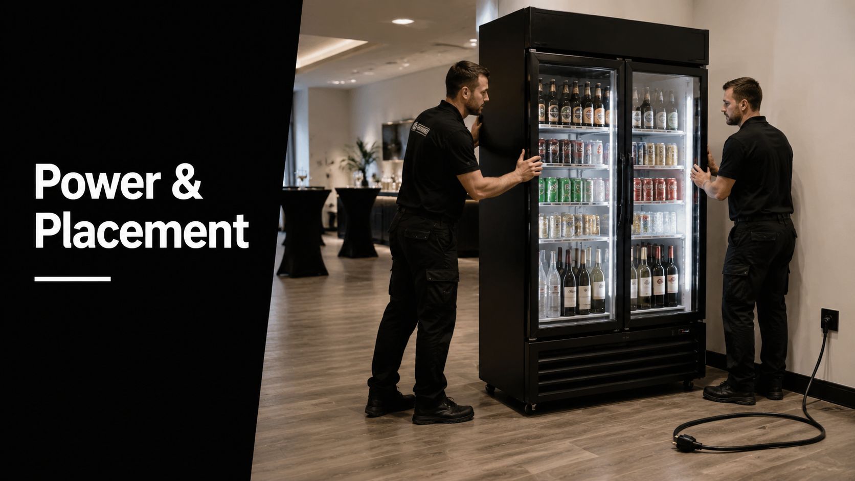 Two technicians in uniform positioning a large double-door glass refrigerator in a modern event space.