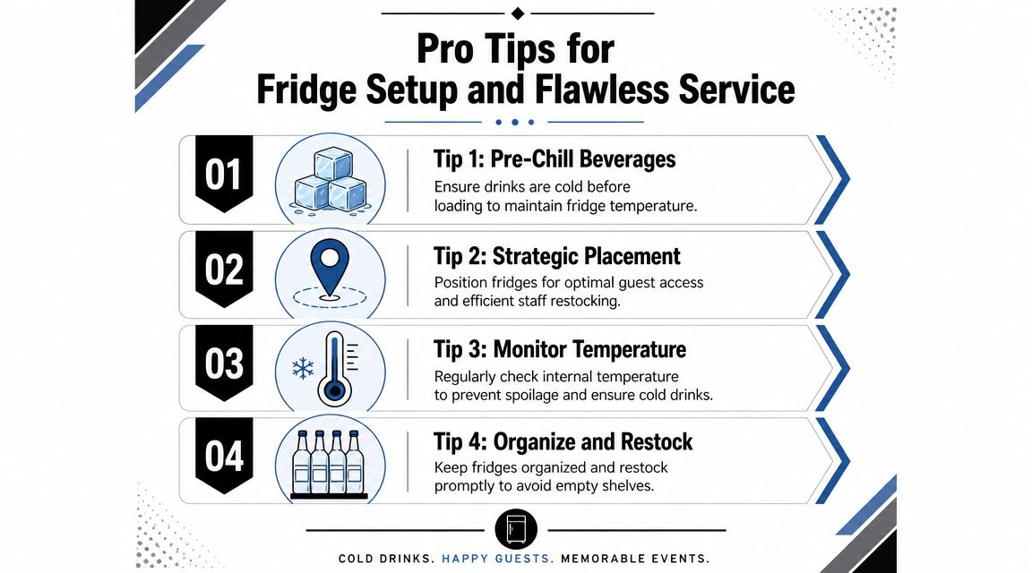 An infographic titled Pro Tips for Fridge Setup and Flawless Service with four steps for managing event refrigerators.