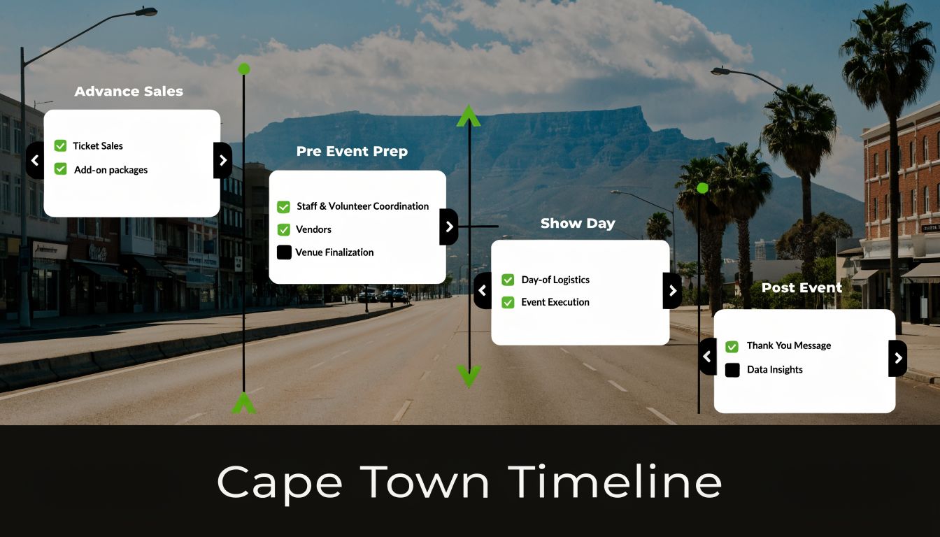 A timeline graphic showing four stages of event planning named Advance Sales, Pre Event Prep, Show Day, and Post Event.