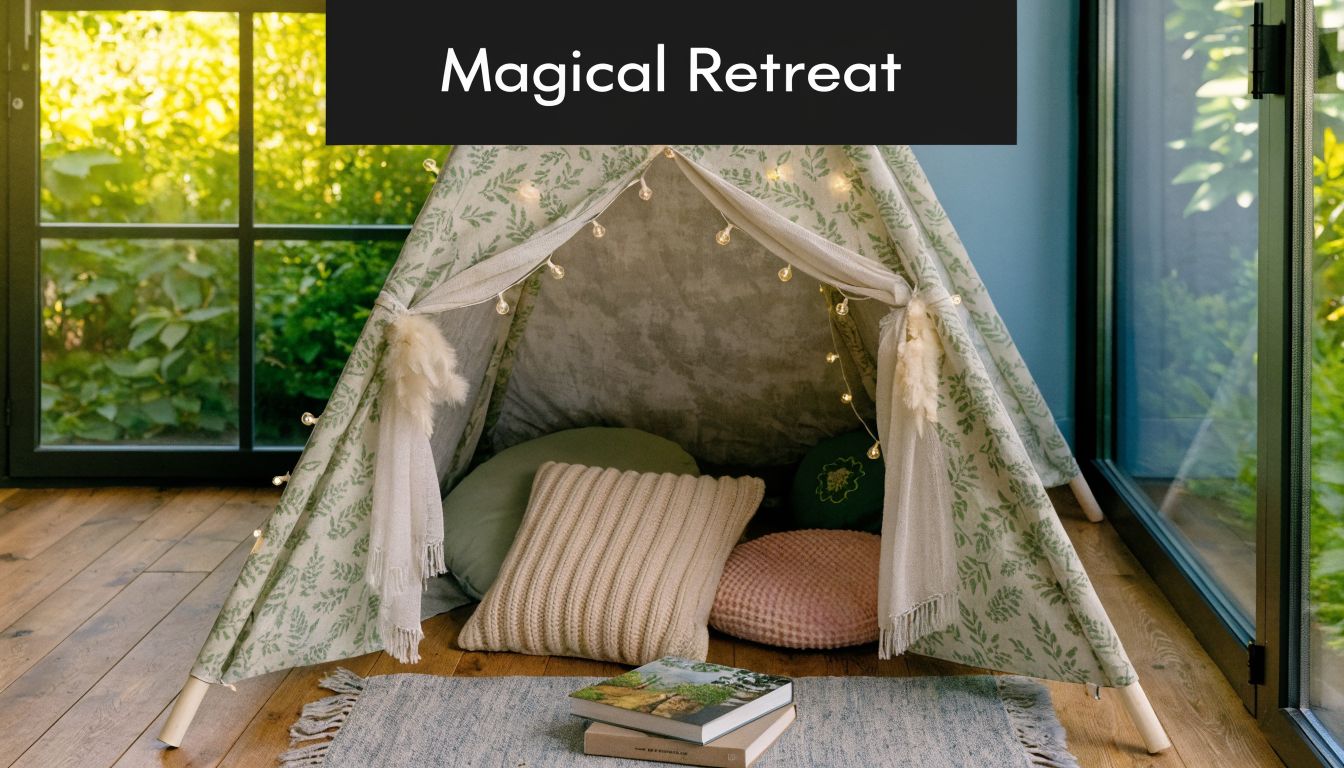 A cozy, leaf-patterned children's play teepee with cushions and books, set up on a wooden floor.