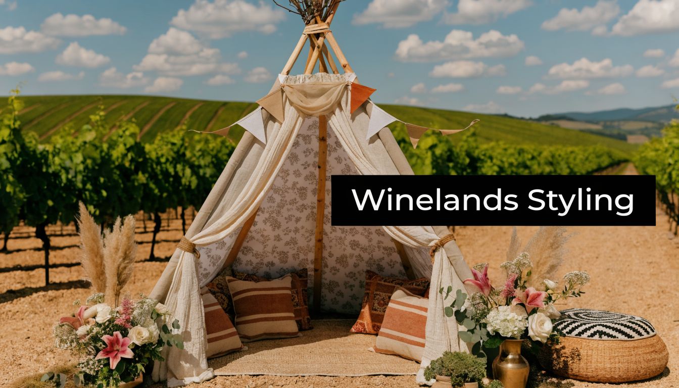 A boho-style teepee tent decorated with cushions and flowers set up in a beautiful vineyard.