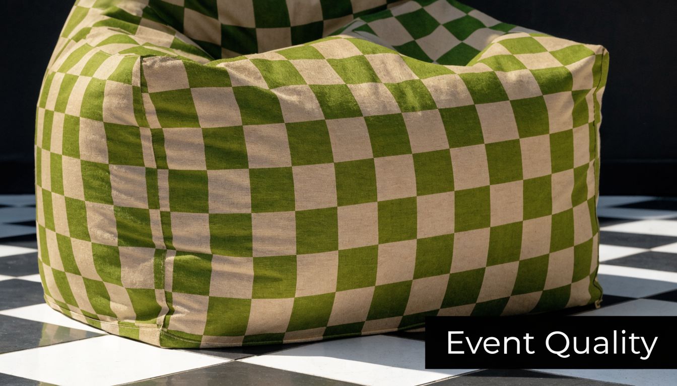 A green and beige checkered bean bag chair sits on a black and white tiled floor.