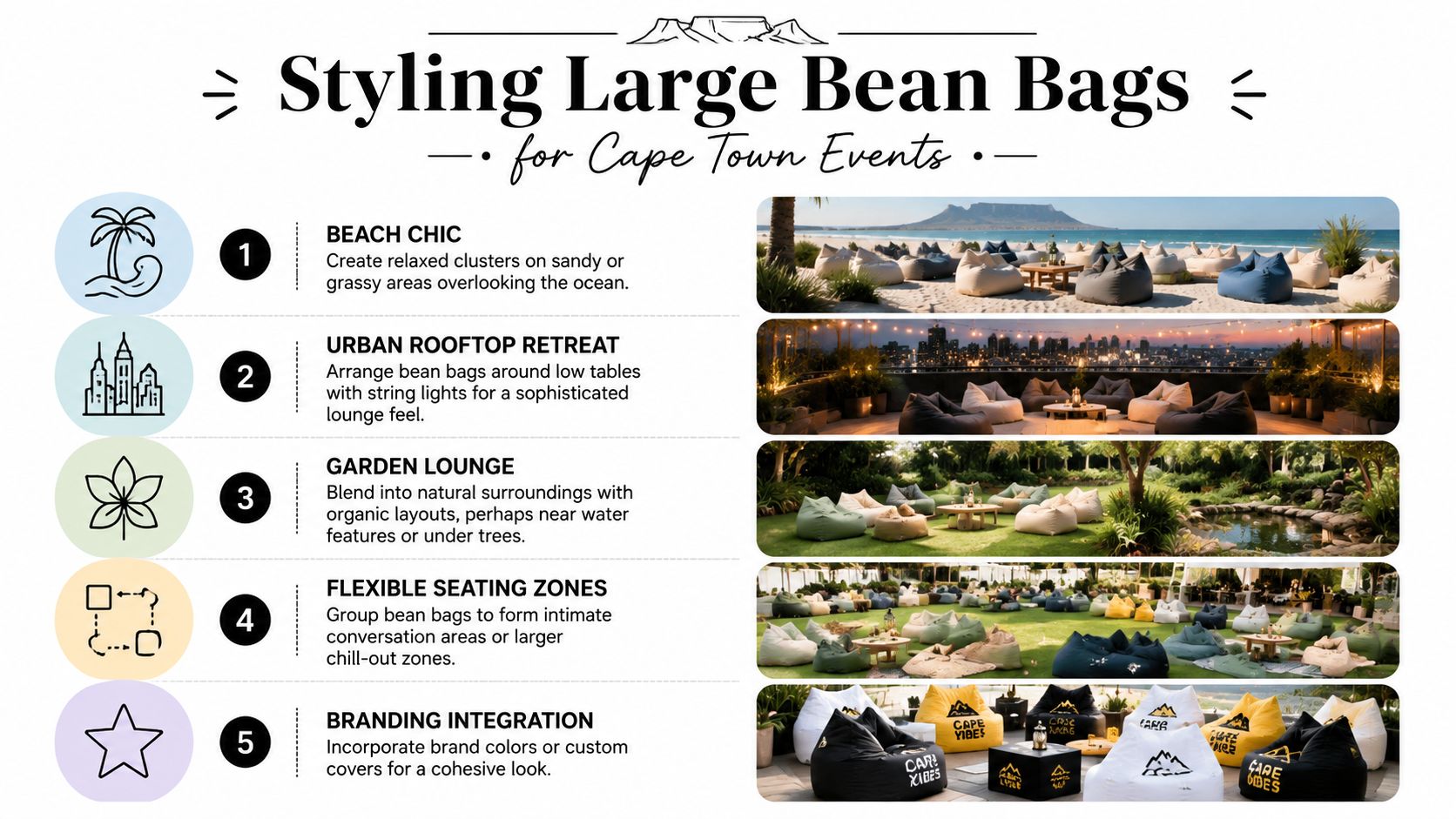 A styling guide showing five different ways to arrange large bean bags for various Cape Town events.