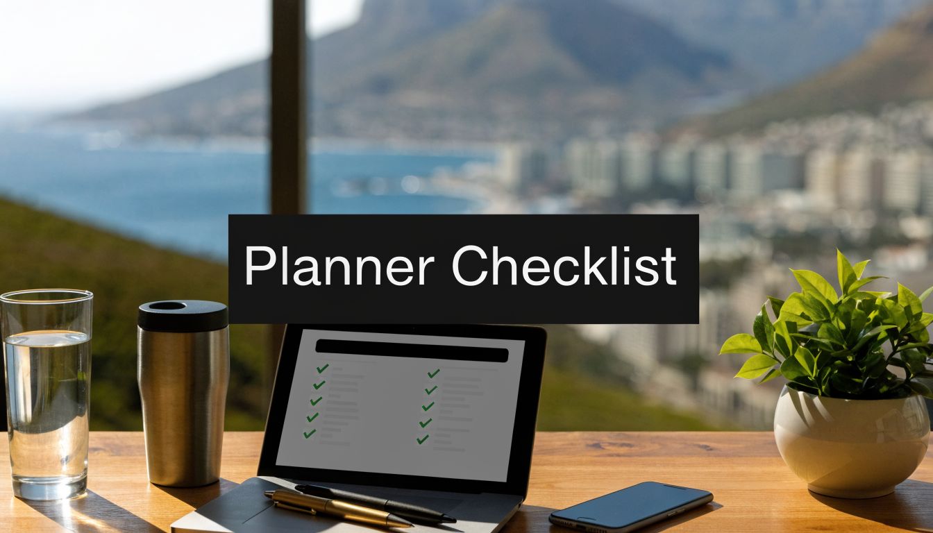 A laptop displaying a planner checklist on a desk overlooking a beautiful ocean view and mountains.