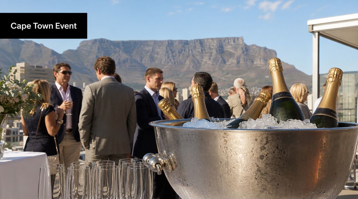 A social gathering in Cape Town with champagne bottles chilling in a large ice bucket overlooking mountains.