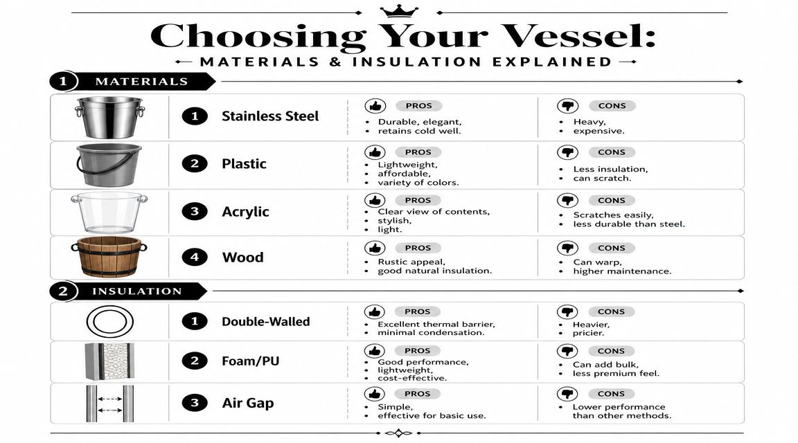 An infographic titled Choosing Your Vessel comparing materials like stainless steel, plastic, acrylic, and wood, plus insulation types.