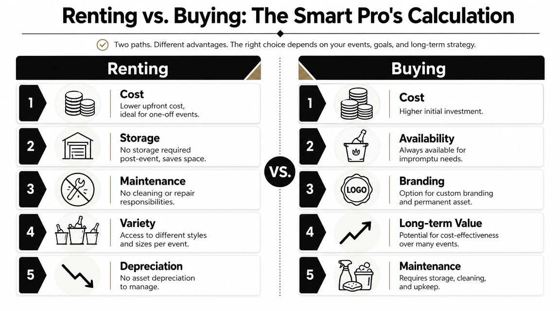 A comparison infographic showing the pros and cons of renting versus buying event equipment like ice buckets.