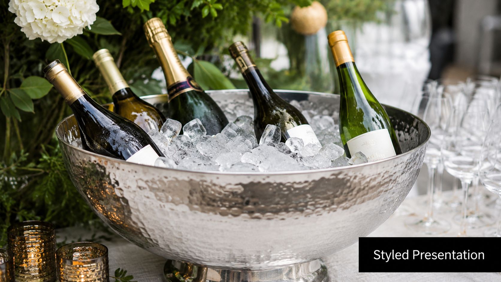 A large hammered silver ice bucket filled with ice and several chilled wine bottles at a party.