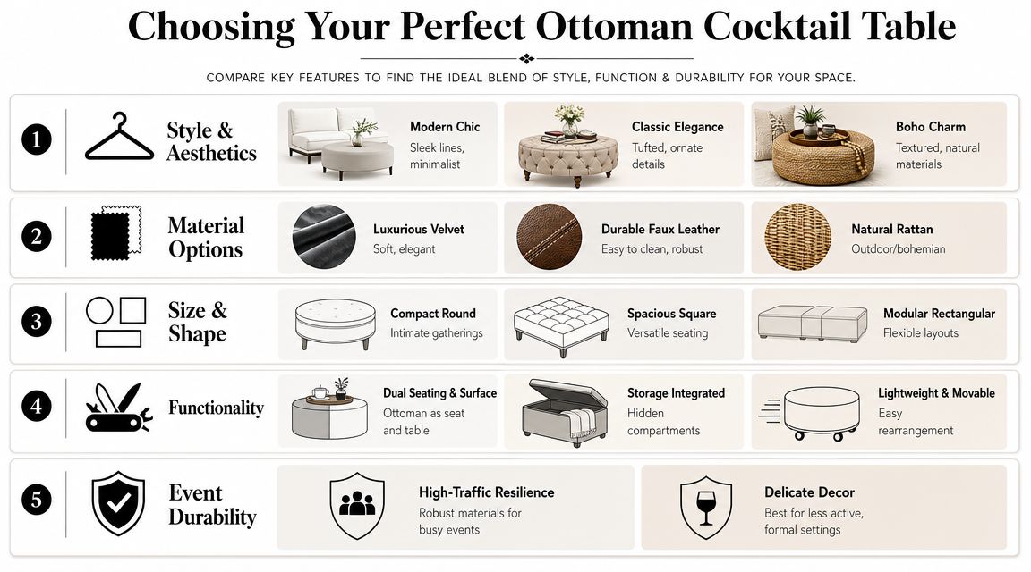 An infographic titled Choosing Your Perfect Ottoman Cocktail Table outlining style, material, shape, functionality, and durability options.
