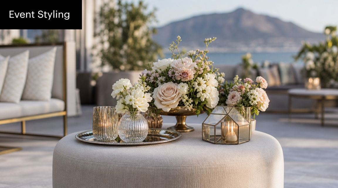 Elegant floral centerpiece on a round ottoman cocktail table at a sunny outdoor terrace lounge area.