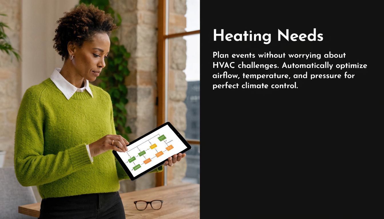A professional woman using a digital tablet to manage HVAC climate control for event planning.