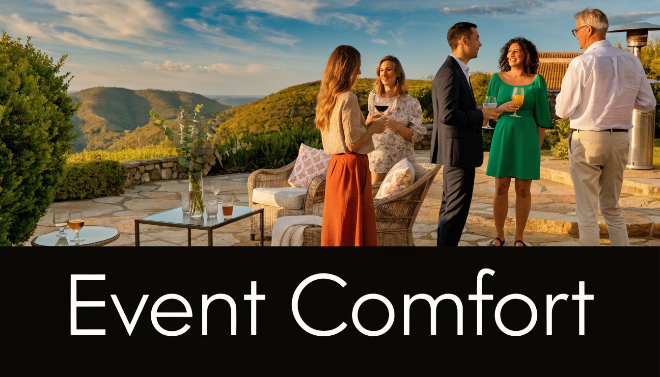 A group of friends enjoys drinks on a scenic outdoor patio while standing near a space heater.