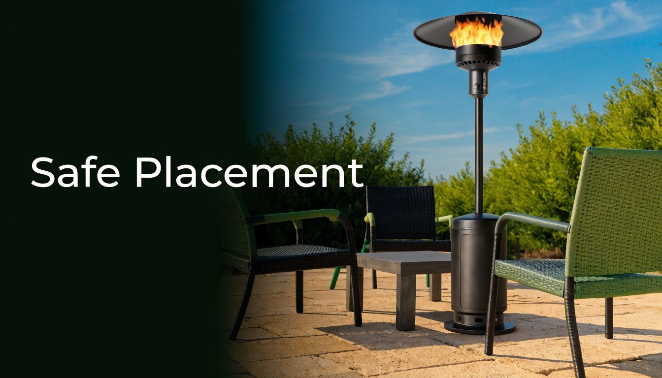 A tall outdoor patio heater placed on a stone terrace with chairs and a small table.