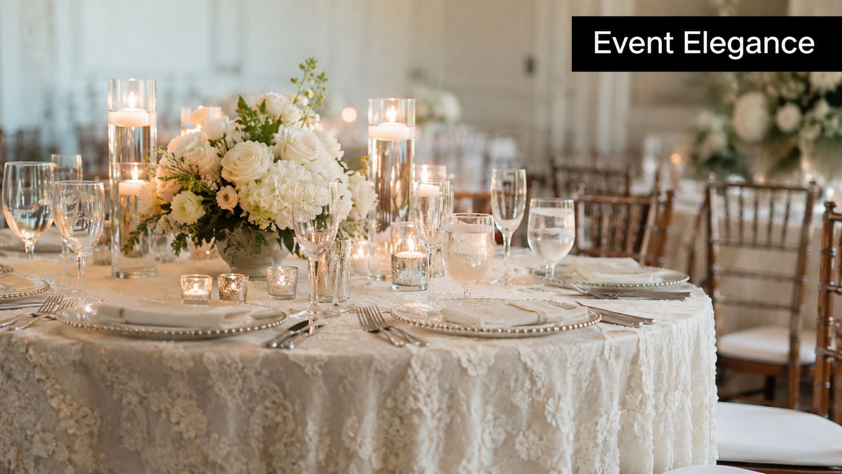 An elegant wedding reception table set with white lace tablecloth, floral centerpieces, candles, and fine dining glassware.