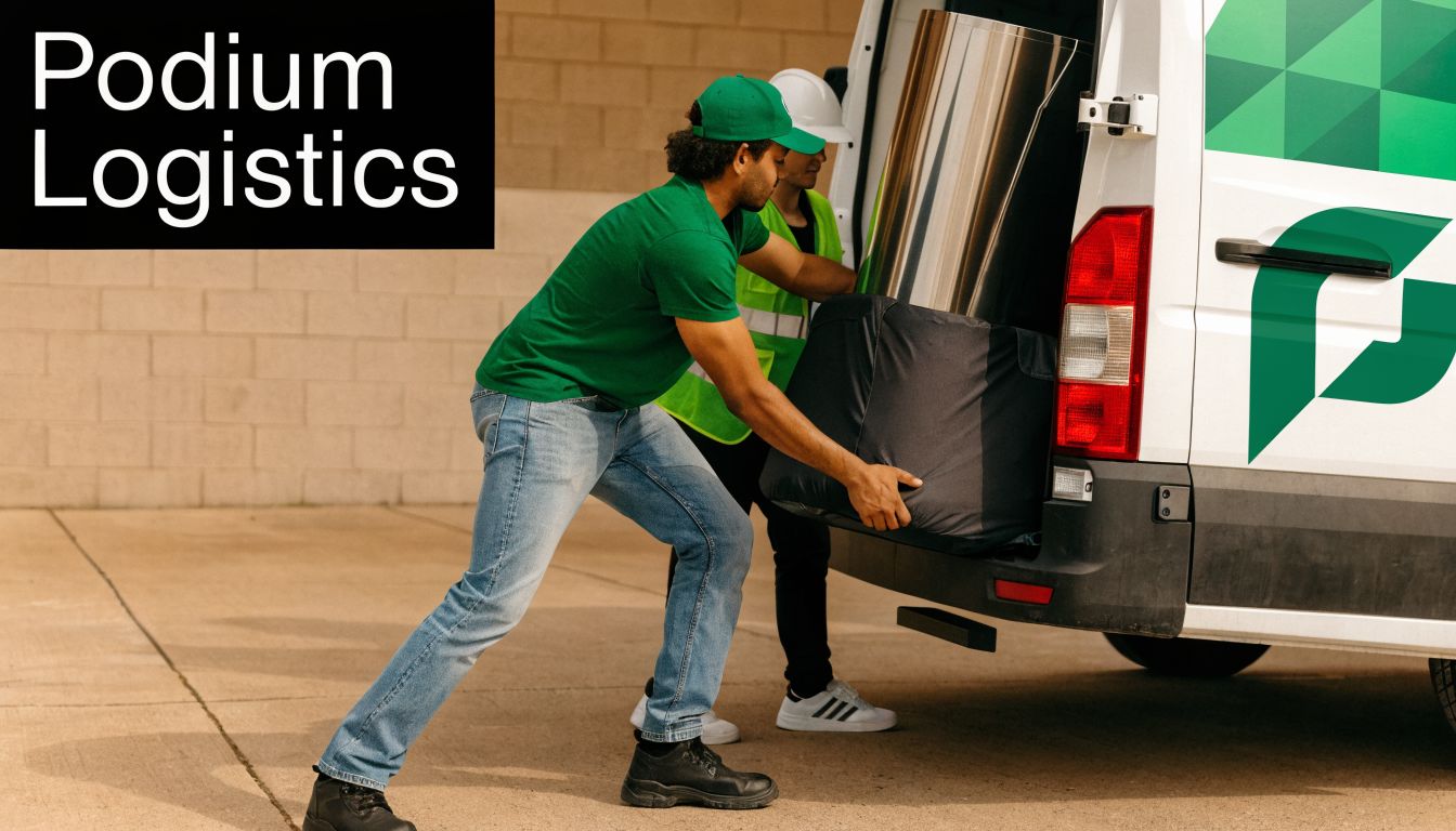 Two delivery workers in green uniforms loading a large item into a Podium Logistics delivery van.
