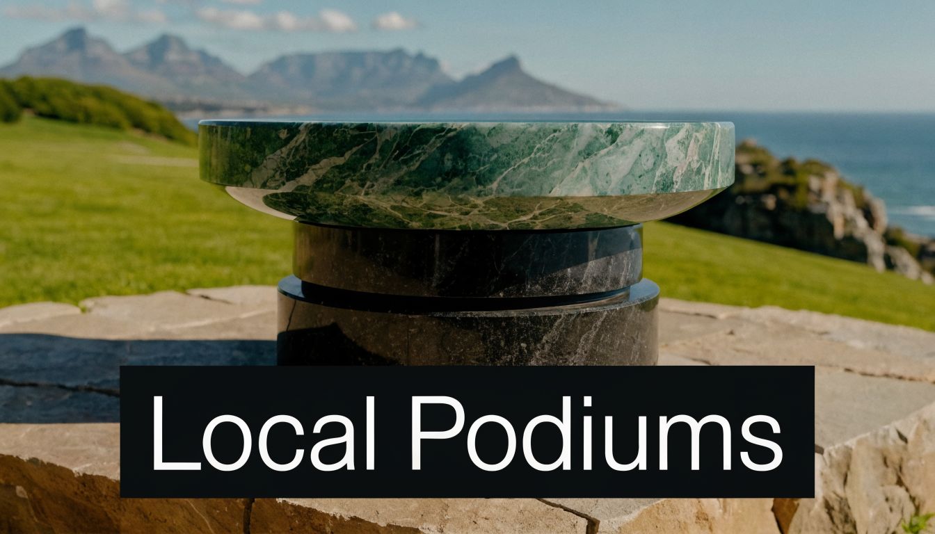 A luxurious green marble podium stands outdoors on a stone platform with a scenic mountain and ocean background.