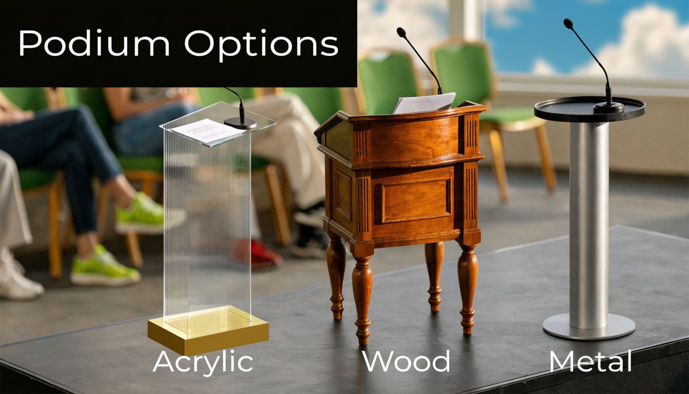 Three different styles of speaking podiums made of acrylic, wood, and metal displayed on a platform.