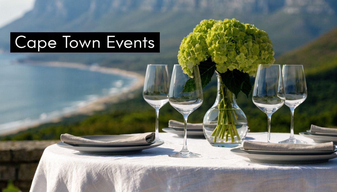 A scenic outdoor dining table set with white linens, wine glasses, and flowers overlooking the ocean.