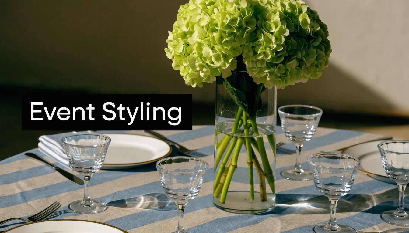 A nicely set round dining table featuring a green hydrangea centerpiece with elegant glassware and linens.