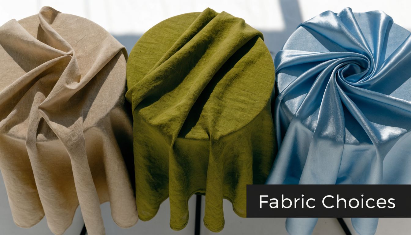 Three small round tables covered with different colored linen and satin fabric samples on display.