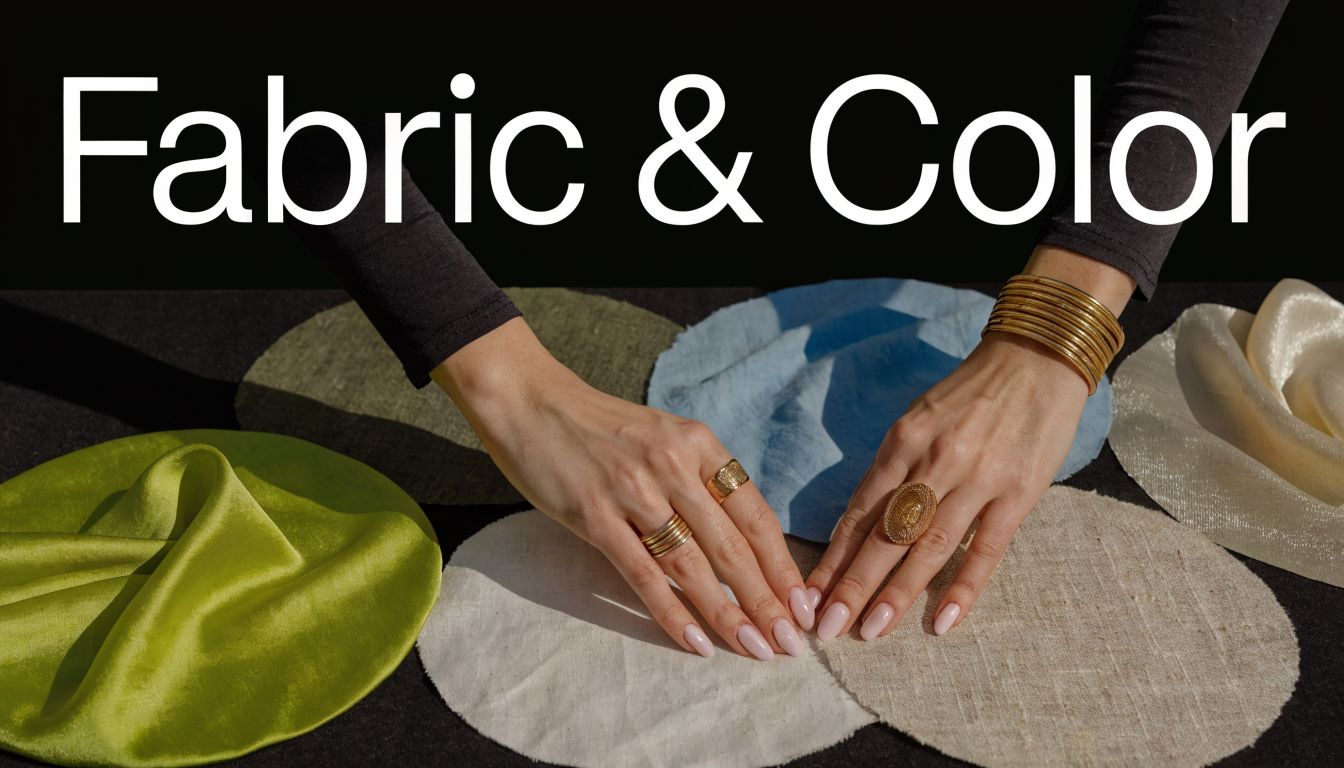 A person with elegant jewelry arranging colorful fabric circles on a dark tabletop surface.