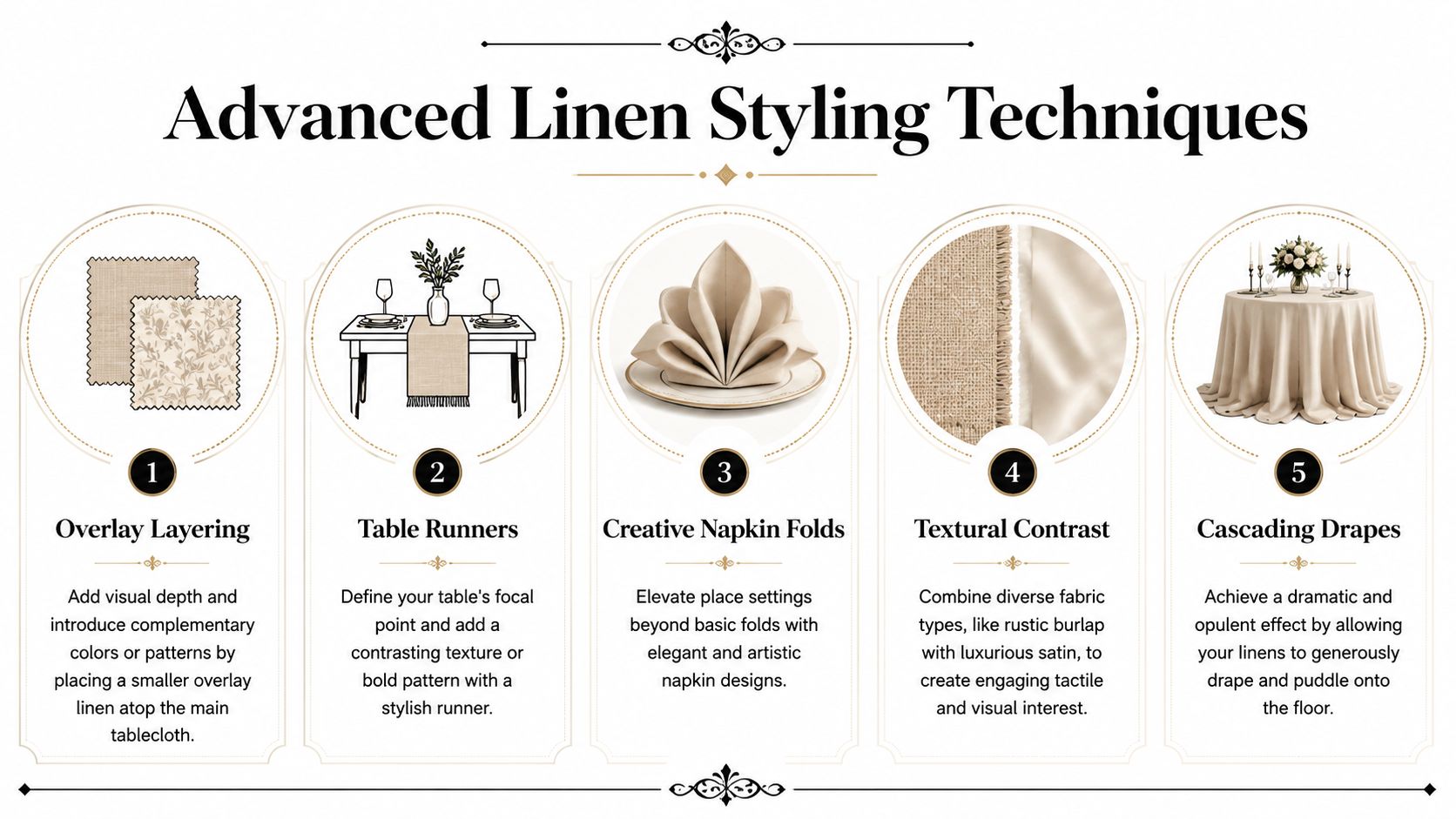 A guide illustrating five advanced styling techniques for decorative table linens including layering, runners, and drapes.