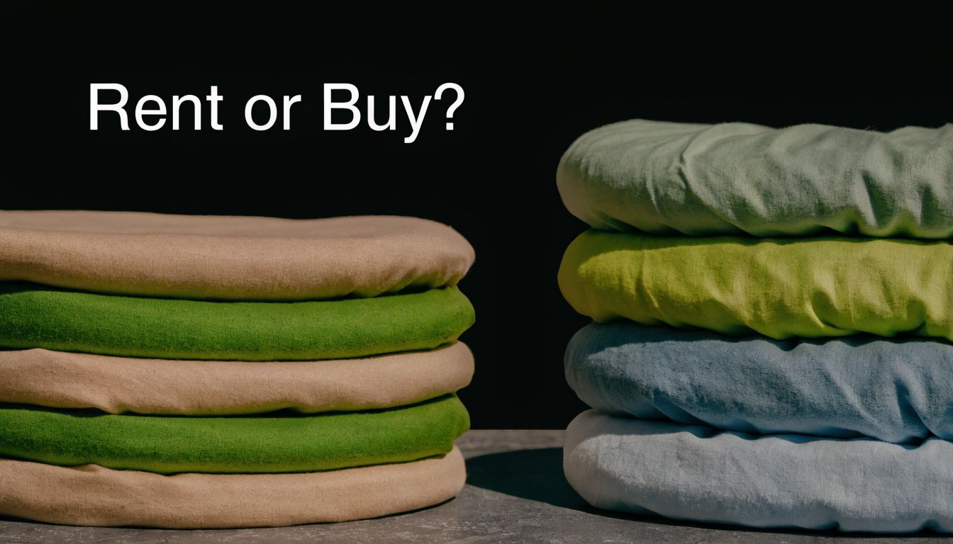 Two neat stacks of colorful round table linens placed side by side against a dark background.