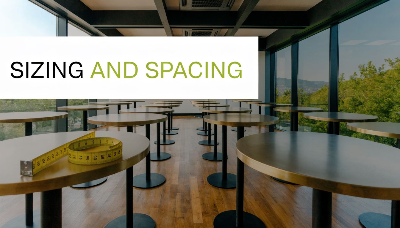 A measuring tape sits on a small round table in a room filled with identical tables.