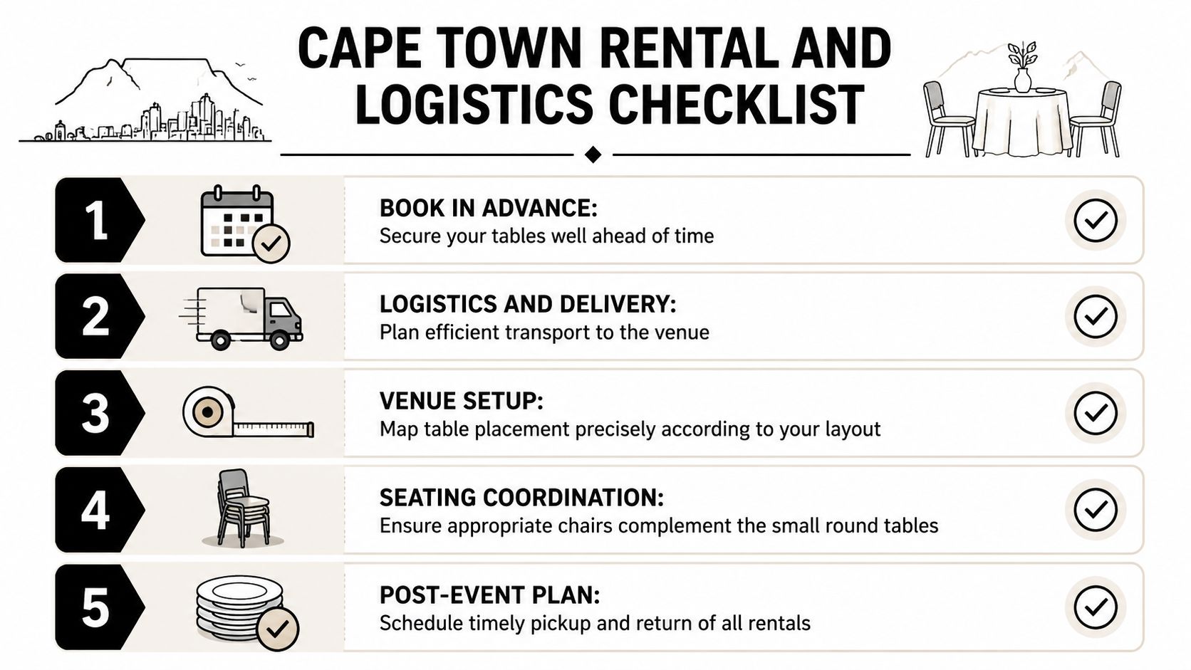 A checklist for renting furniture for events in Cape Town featuring small round tables and logistical planning.