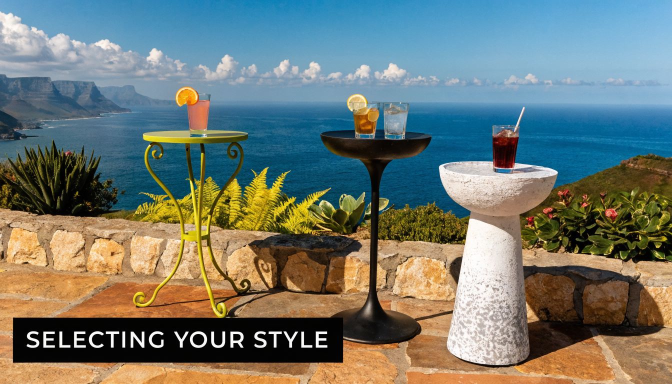 Three distinct small round tables with drinks placed on a stone patio overlooking the blue ocean.
