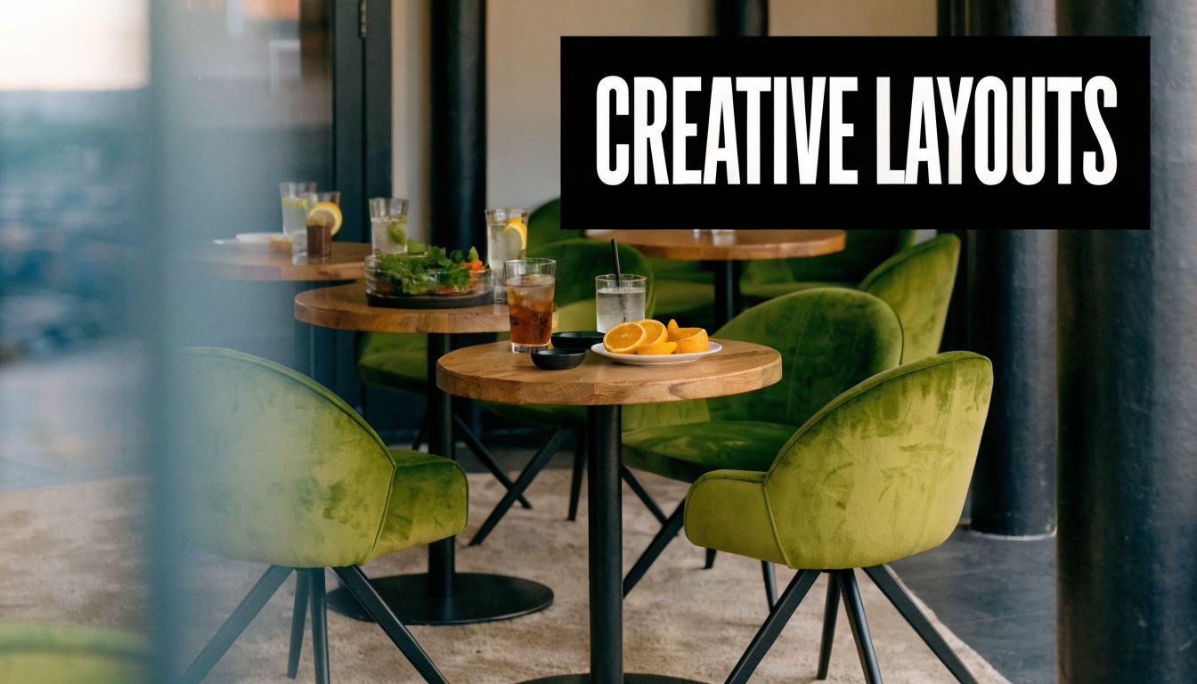A modern restaurant interior featuring small round tables with green velvet chairs and refreshing citrus drinks.