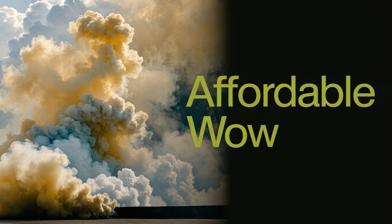 A large, dense cloud of yellow and white smoke billowing against a dark, dramatic background with bold text.