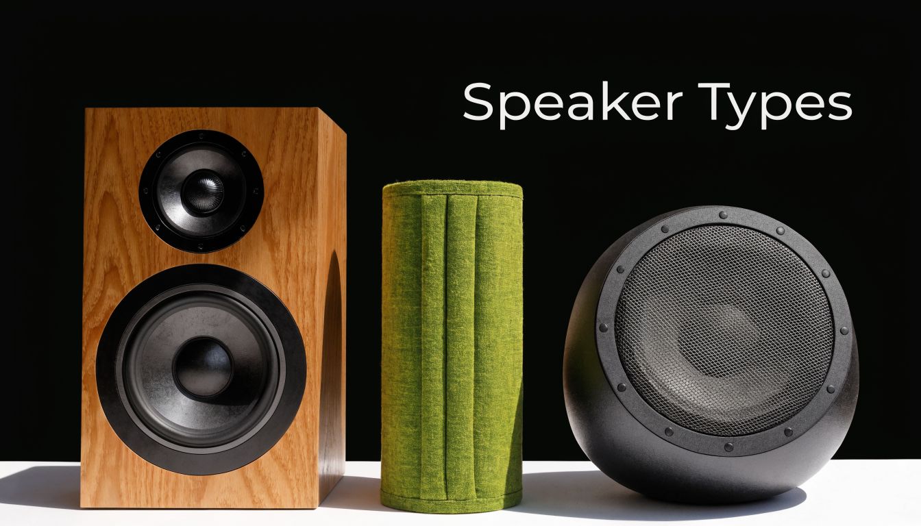 A side-by-side comparison of three different types of audio speakers on a white table.