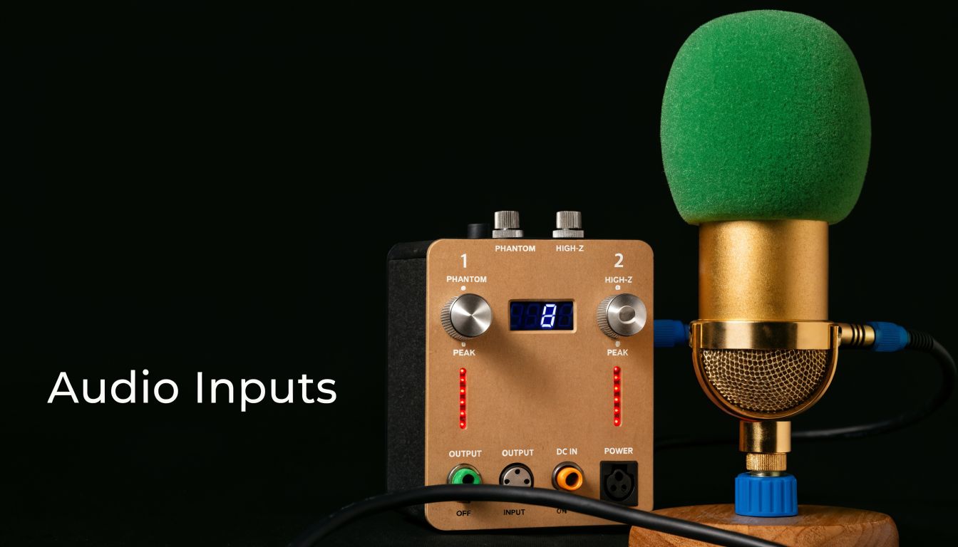 A professional audio interface unit next to a gold studio microphone with a green foam windscreen.