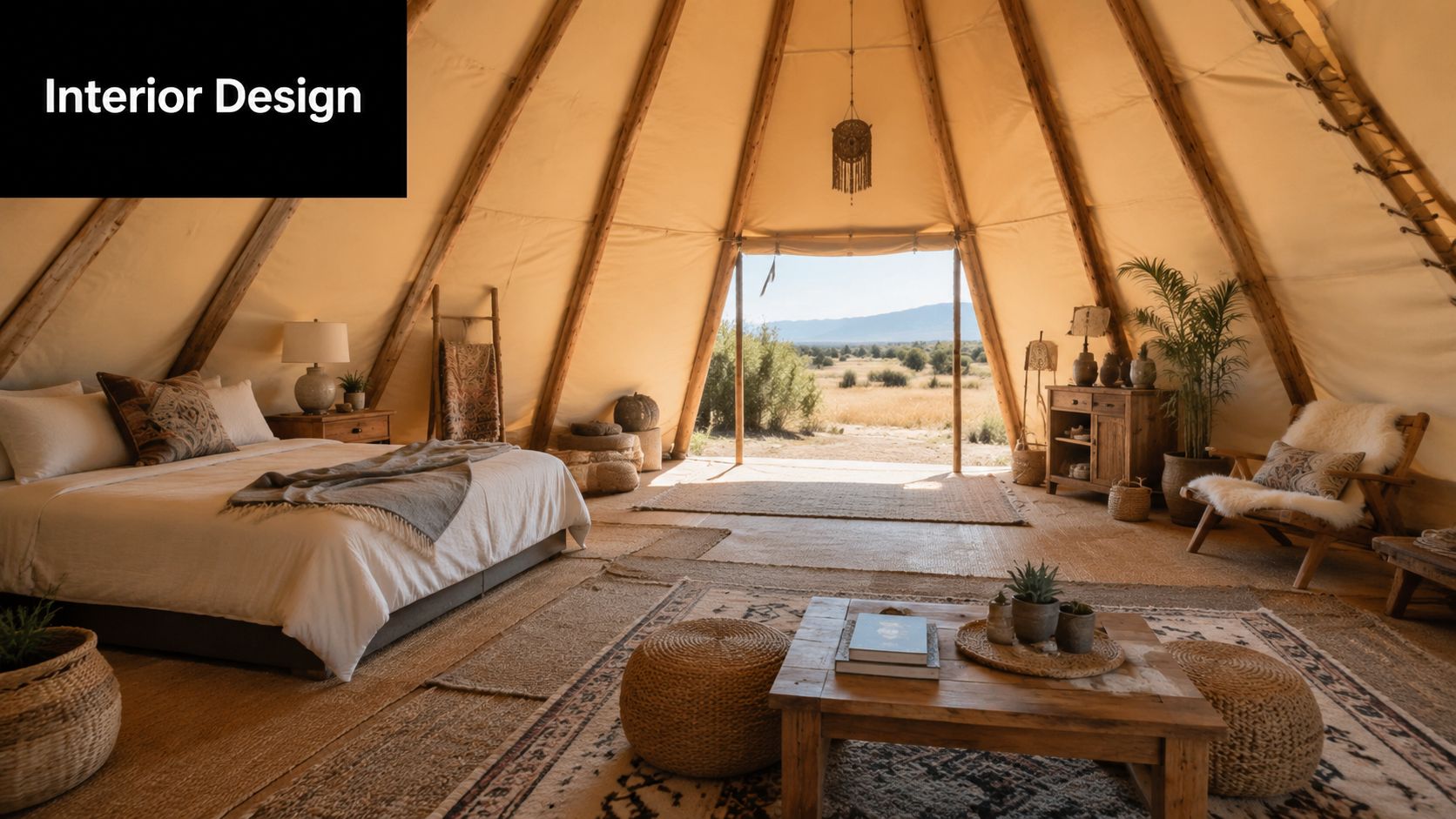 A cozy, sunlit interior of a luxury teepee tent featuring a comfortable bed, wooden decor, and scenic landscape views.