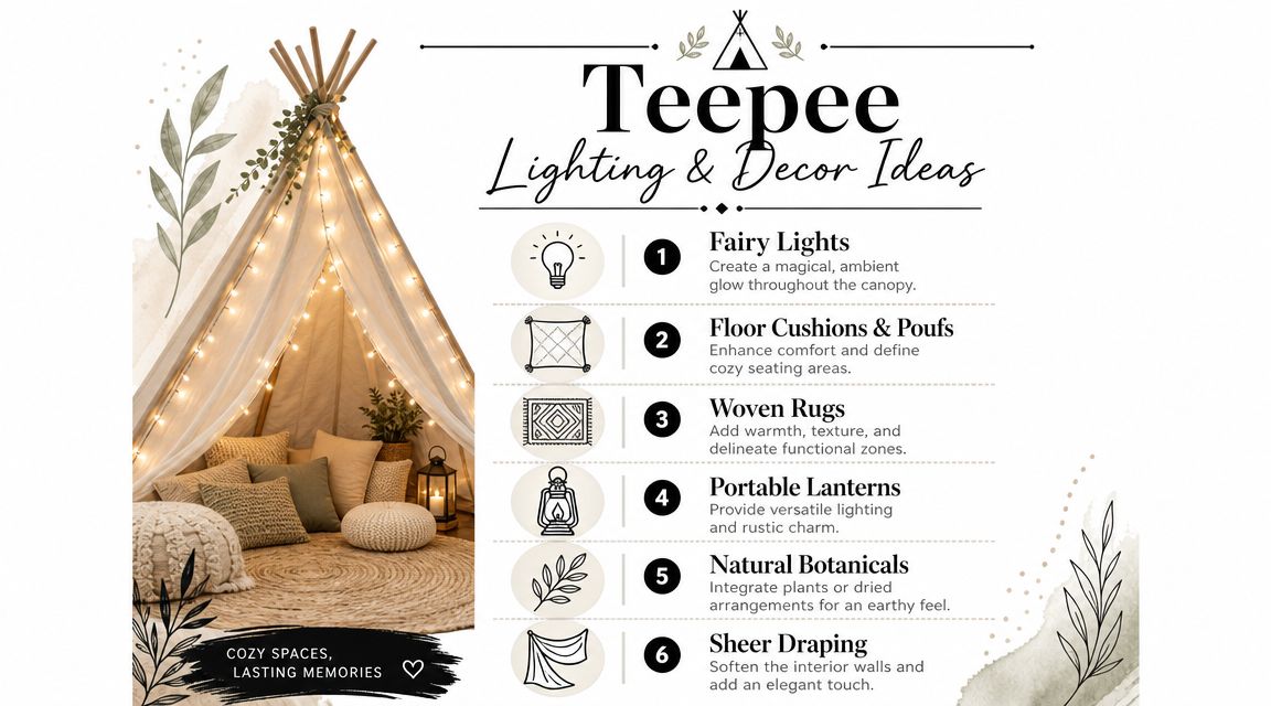 An educational infographic showing six essential decor and lighting ideas for styling a cozy teepee tent.