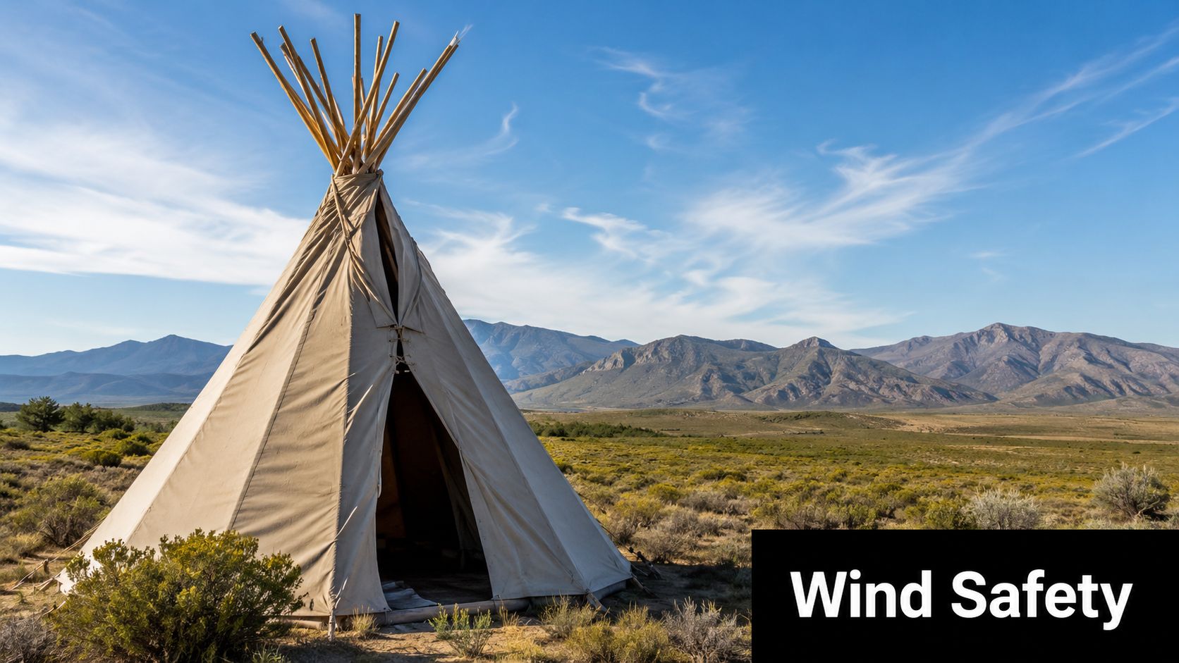 A traditional canvas tipi tent standing in a scenic high desert landscape with mountains in the background.
